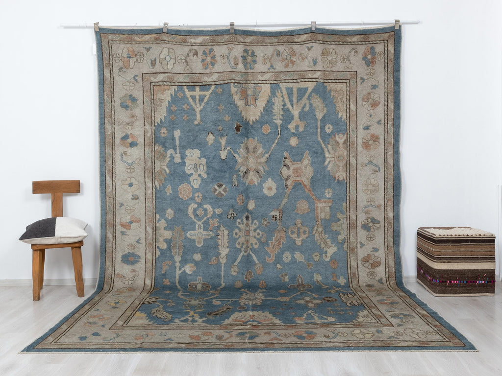 Blue Wool Oushak Rug, 8x12 Turkish Handmade Carpet,Seasonal Home Living Decor Rugs.