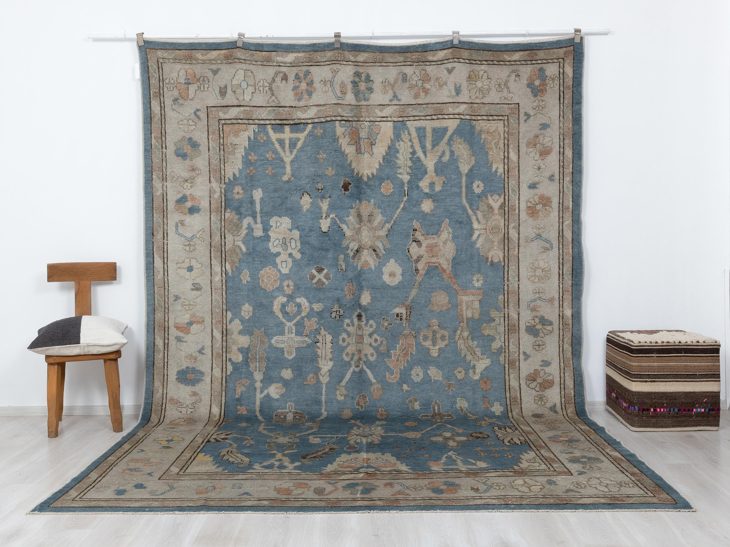 Blue Wool Oushak Rug, 8x12 Turkish Handmade Carpet,Seasonal Home Living Decor Rugs.