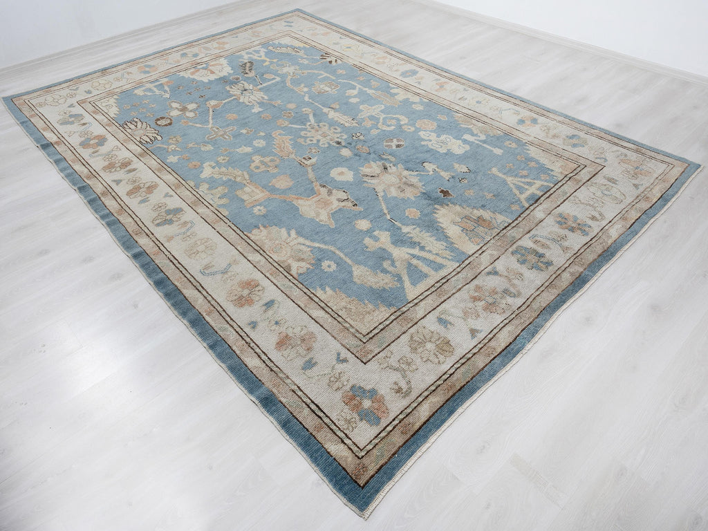 Blue Wool Oushak Rug, 8x12 Turkish Handmade Carpet,Seasonal Home Living Decor Rugs.
