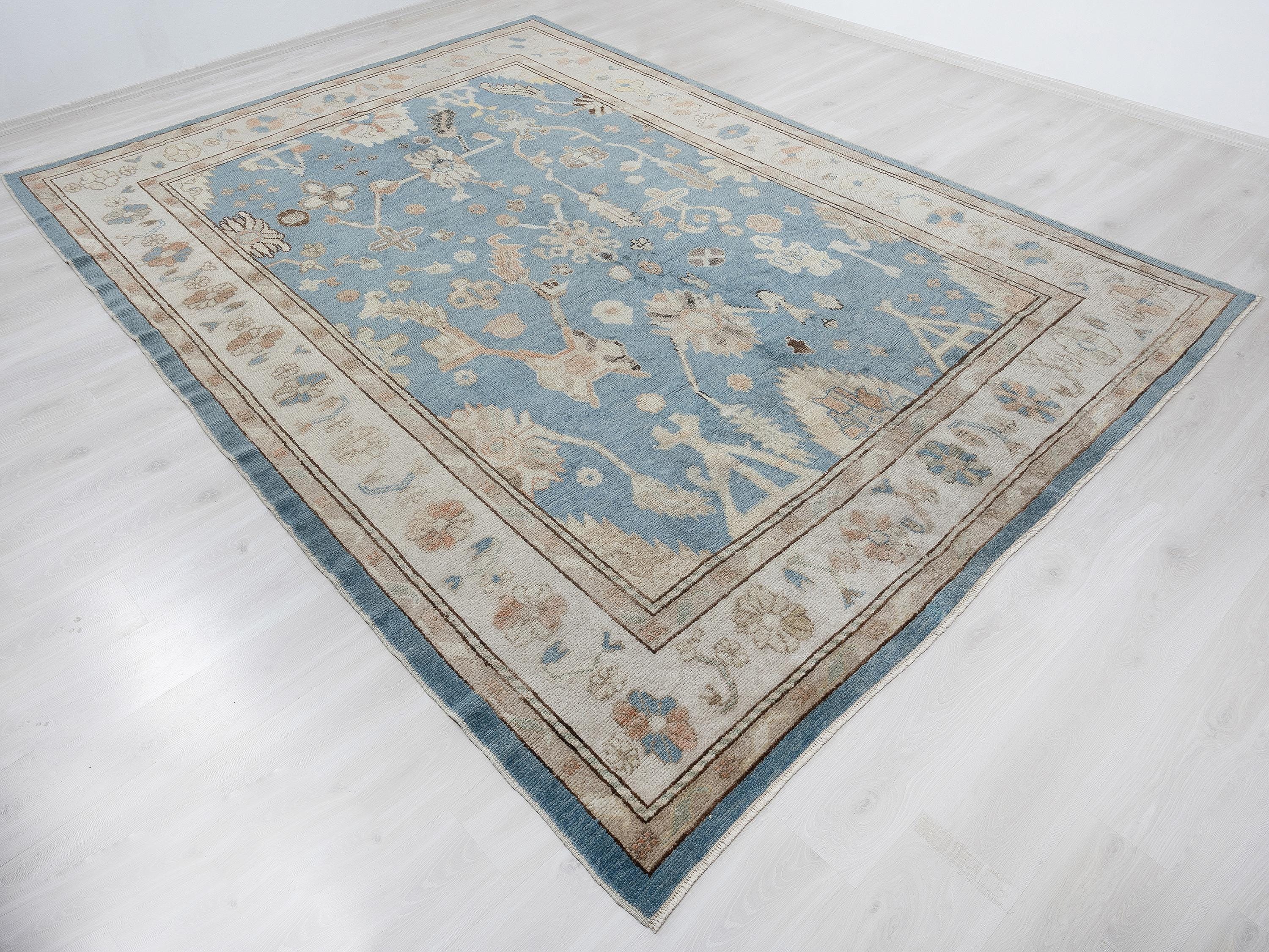Blue Wool Oushak Rug, 8x12 Turkish Handmade Carpet,Seasonal Home Living Decor Rugs.