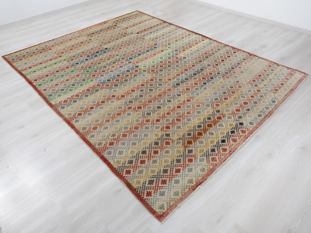 Checked Design Wool Turkish Kilim Rug, 7,5x9,6 Feet,Seasonal Home Living Decor Rugs.