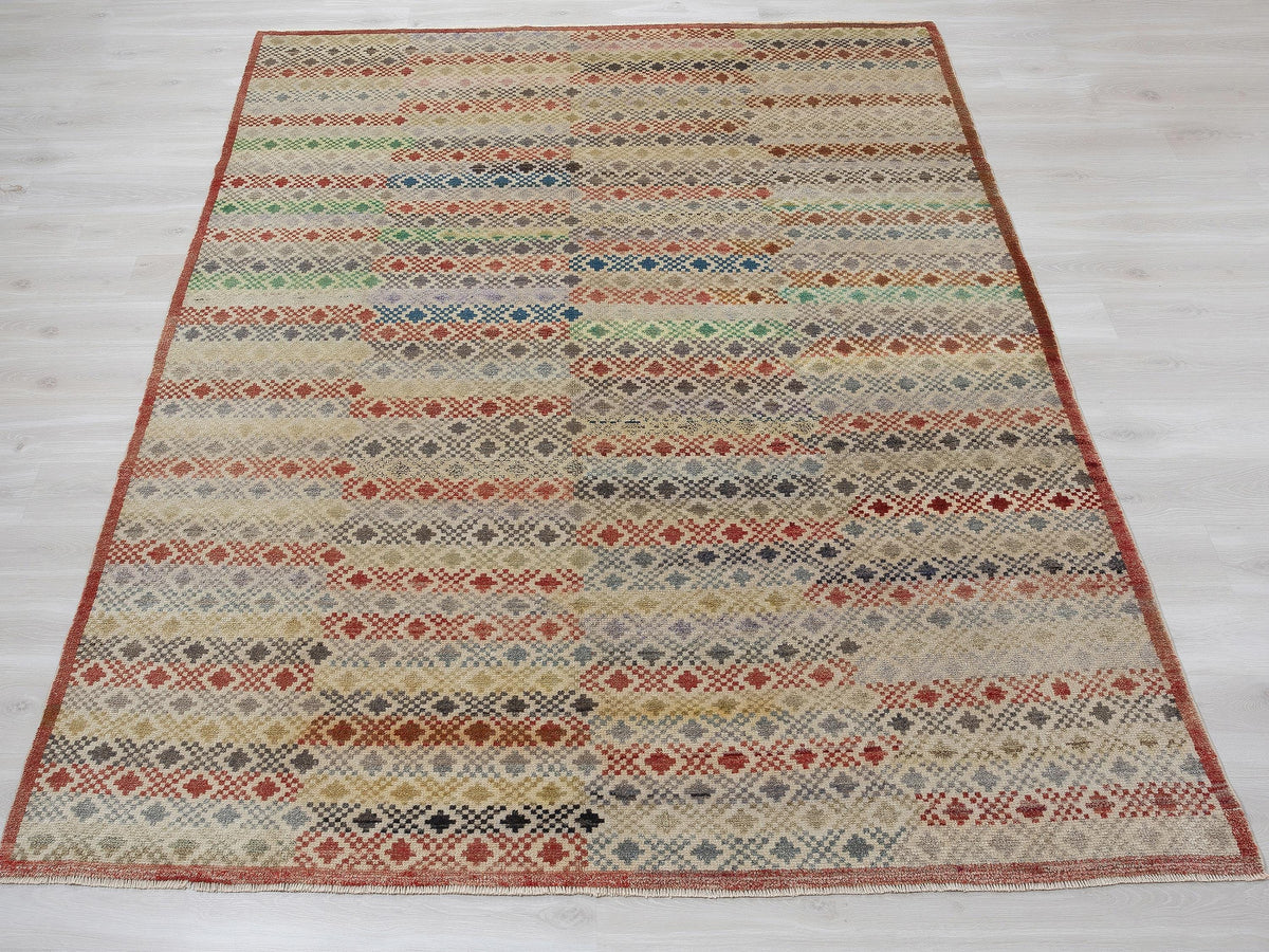 Checked Design Wool Turkish Kilim Rug, 7,5x9,6 Feet,Seasonal Home Living Decor Rugs.