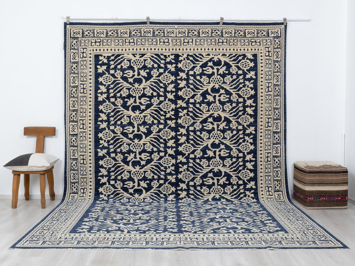 9x12 Oversize Blue And White Turkish Wool Rug,Home Living Accent.