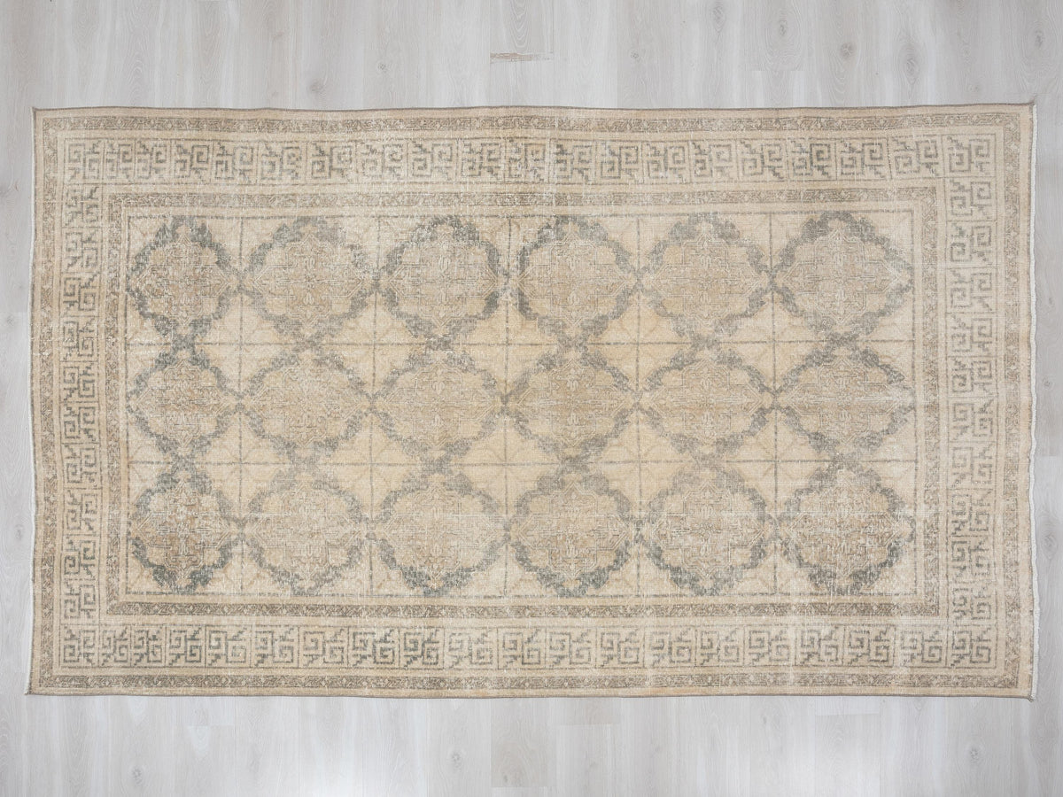 Vintage Turkish Wool Carpet Rug: 6.4x9.8 Feet,Neutral Oushak Rugs,