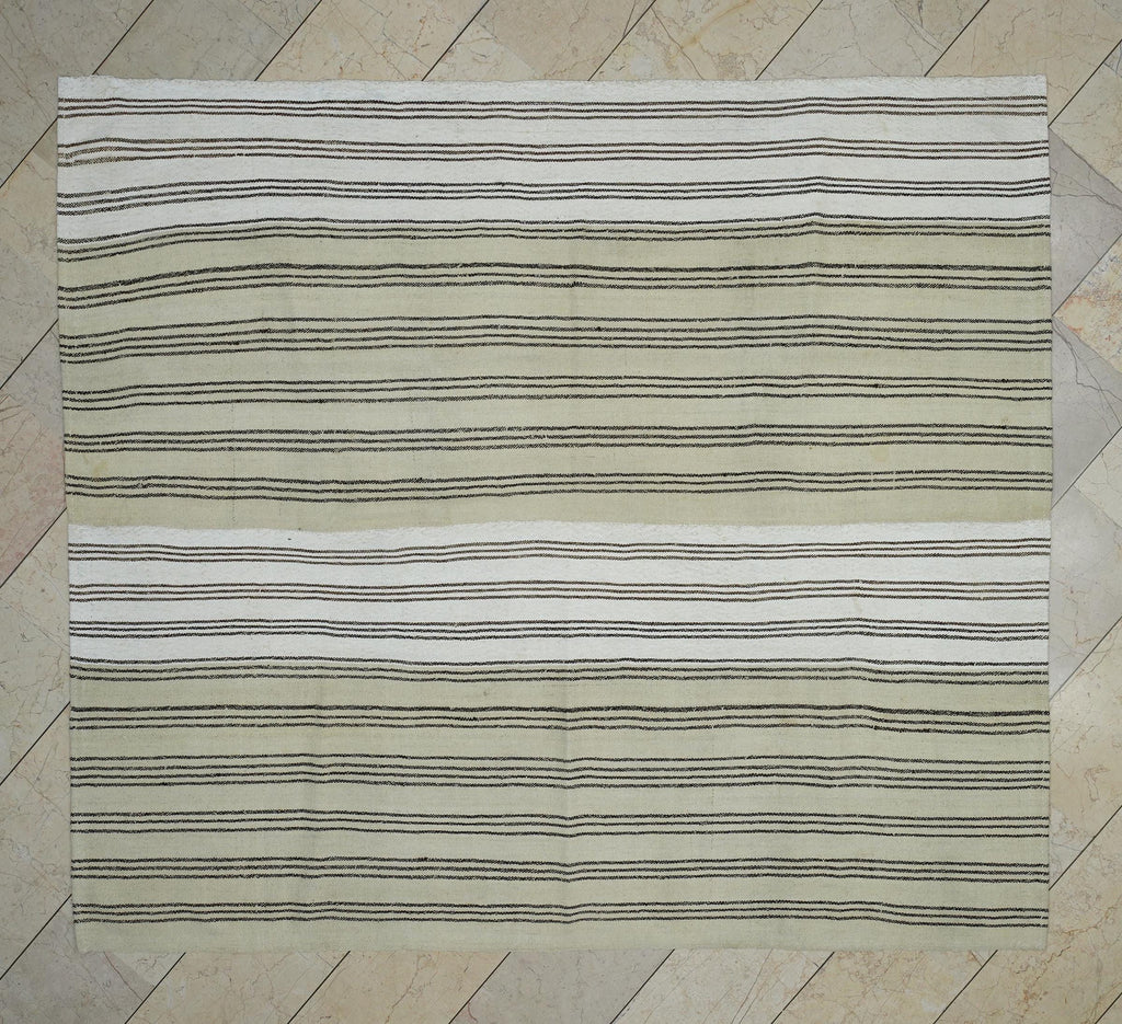 Large Wool Vintage Stripe Turkish Kilim Rug: 7x8 Feet,Brown Cream Area Rugs.