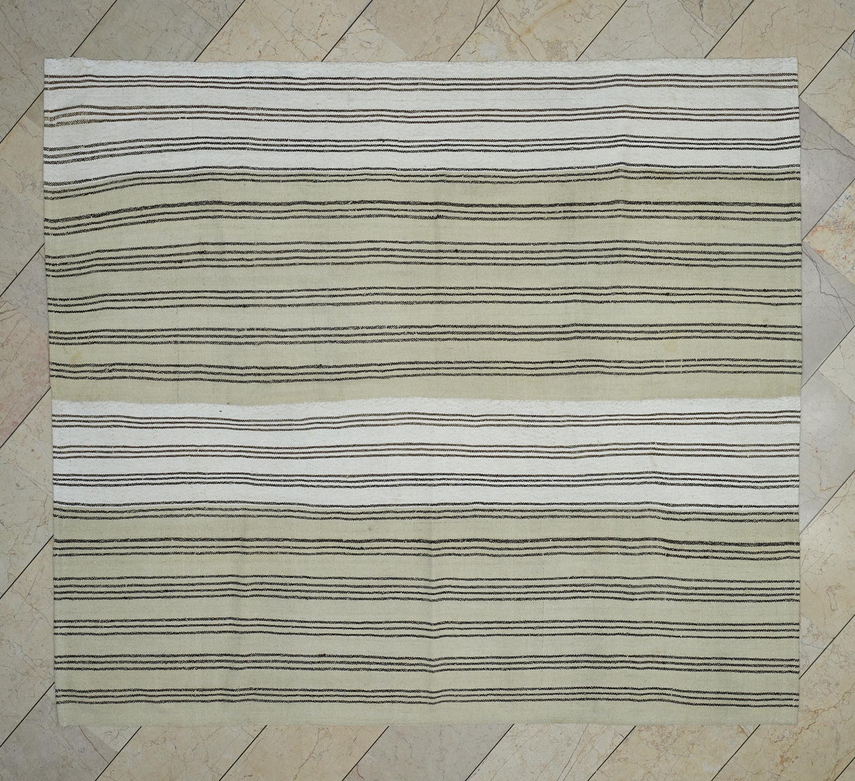 Large Wool Vintage Stripe Turkish Kilim Rug: 7x8 Feet,Brown Cream Area Rugs.