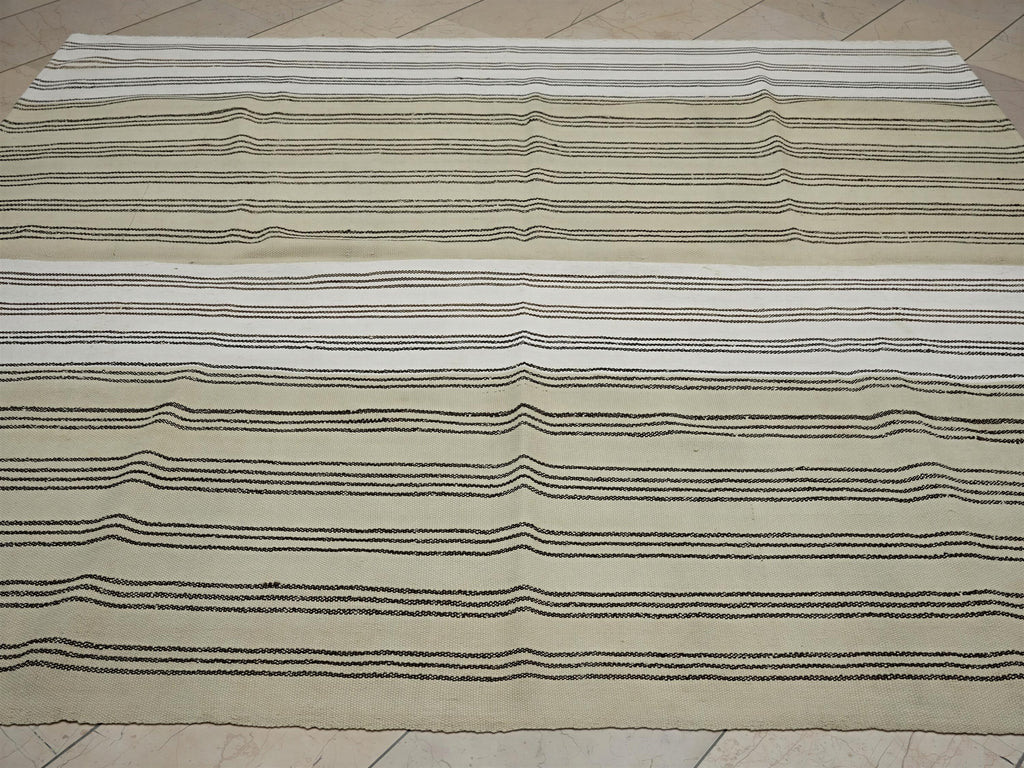 Large Wool Vintage Stripe Turkish Kilim Rug: 7x8 Feet,Brown Cream Area Rugs.