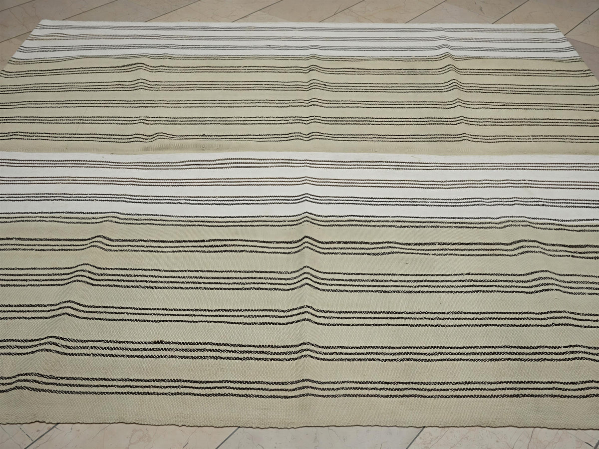 Large Wool Vintage Stripe Turkish Kilim Rug: 7x8 Feet,Brown Cream Area Rugs.