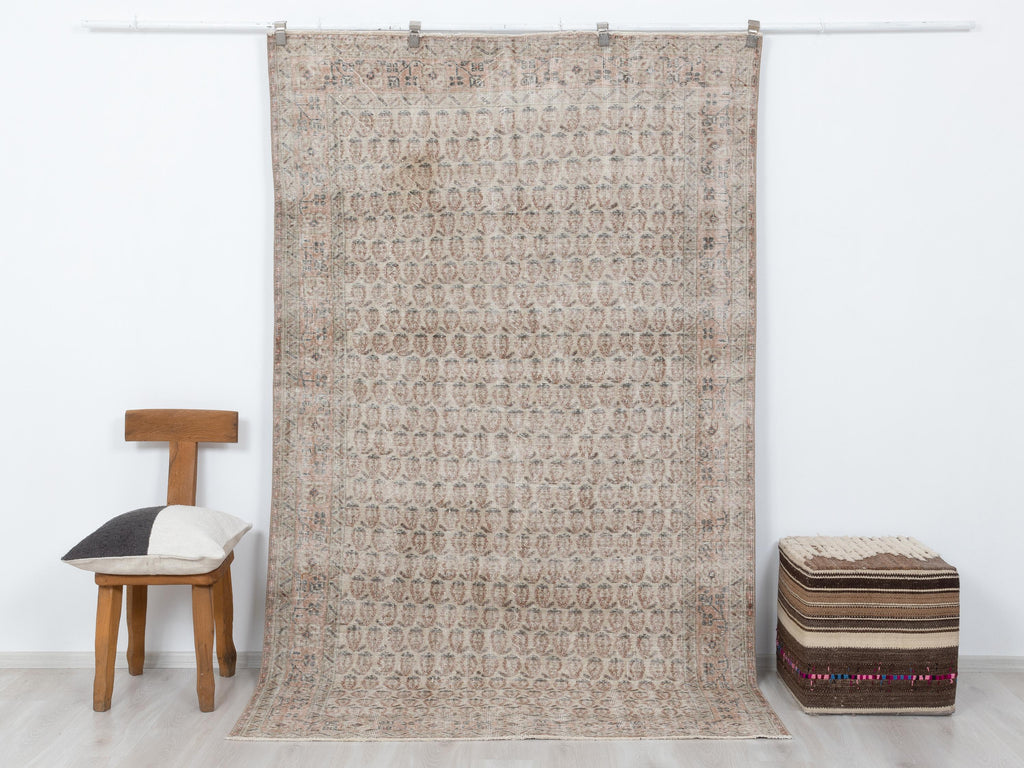 Low Pile Vintage Turkish Carpet Rug,5.4x8.7 Feet,Handmade Wool Oushak Rugs.