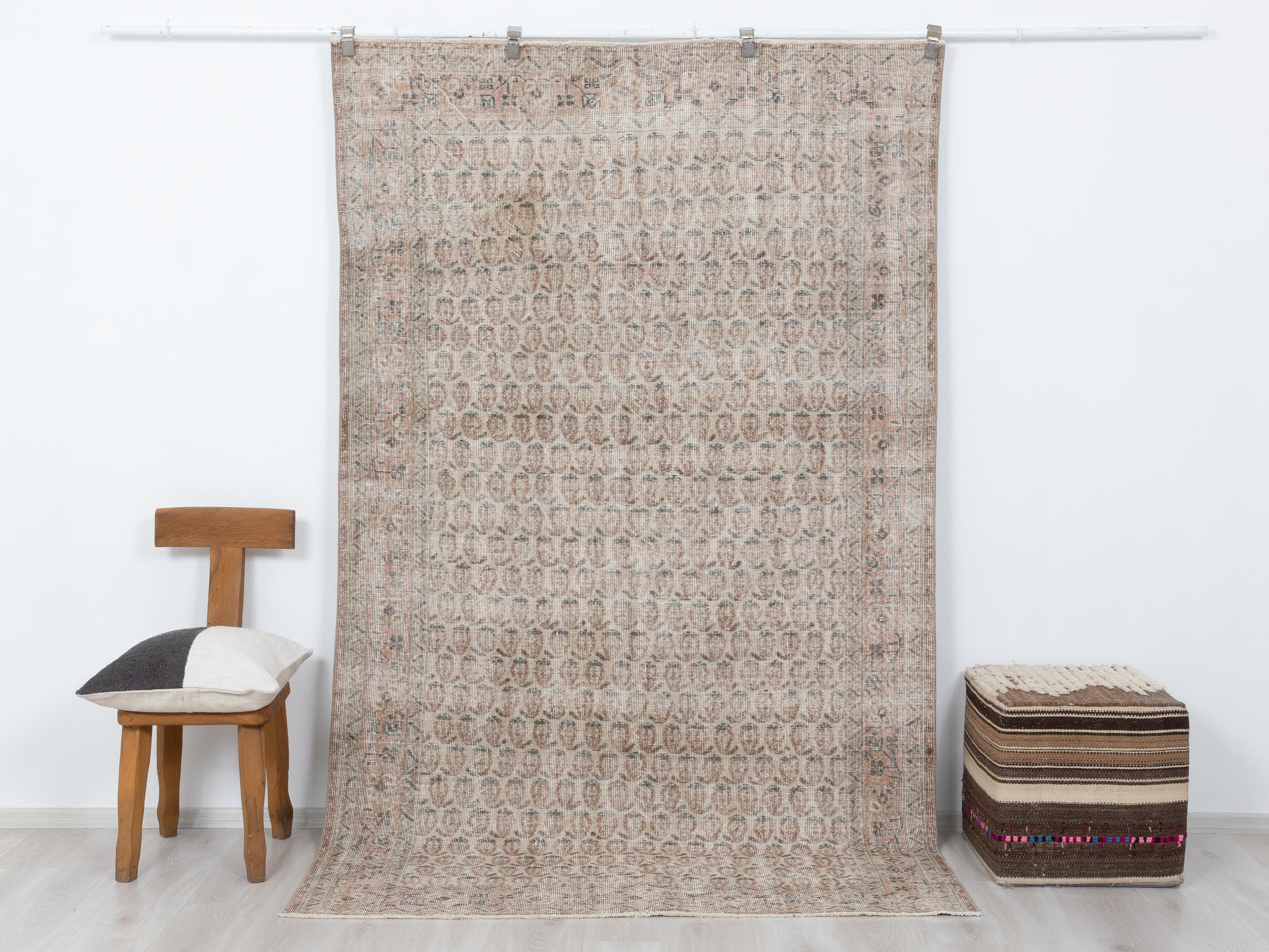 Low Pile Vintage Turkish Carpet Rug,5.4x8.7 Feet,Handmade Wool Oushak Rugs.
