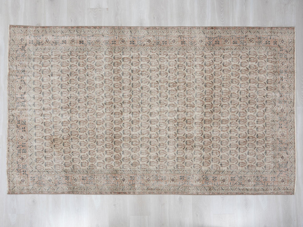 Low Pile Vintage Turkish Carpet Rug,5.4x8.7 Feet,Handmade Wool Oushak Rugs.