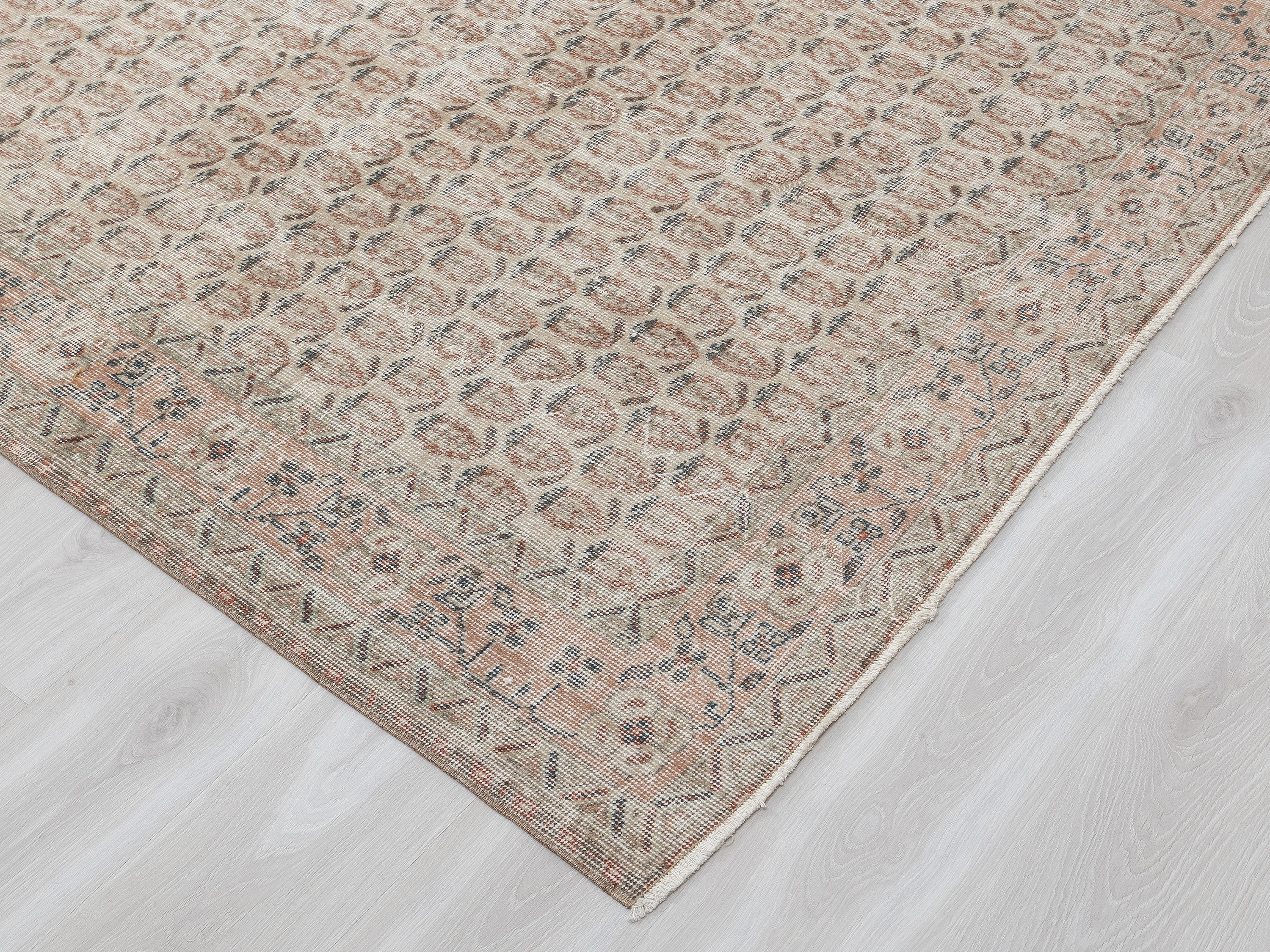 Low Pile Vintage Turkish Carpet Rug,5.4x8.7 Feet,Handmade Wool Oushak Rugs.