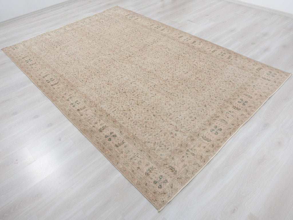 Floral Design Handmade Wool Rug: 6.6x9.7 Feet,Neutral Turkish Vintage Oushak Carpet.