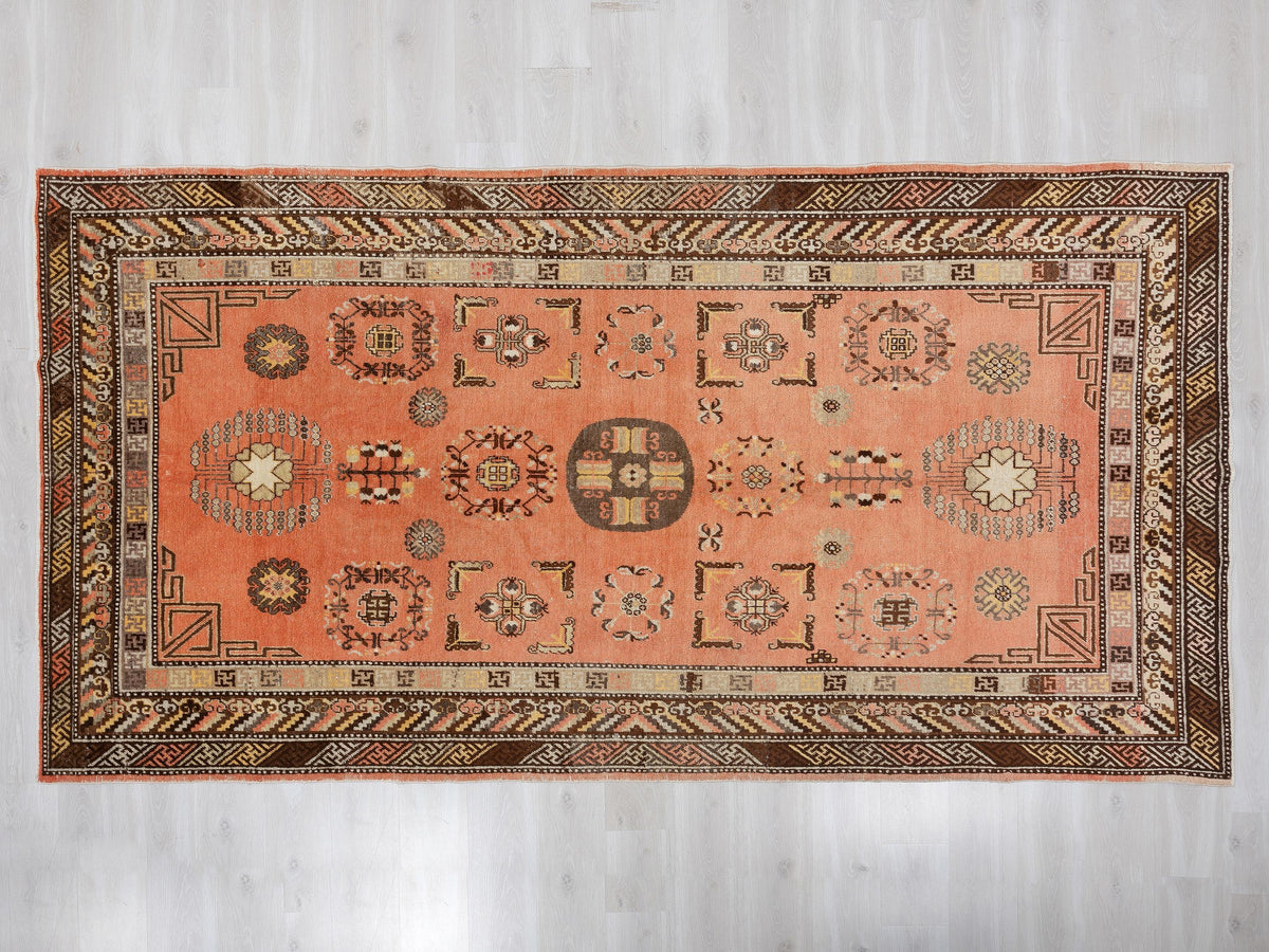Pastel Orange Brown Vintage Turkish Wool Rug, 6x11 Mid Century Modern,Area Oversize Rugs.