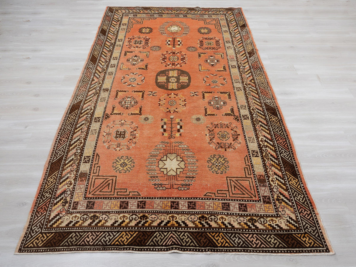 Pastel Orange Brown Vintage Turkish Wool Rug, 6x11 Mid Century Modern,Area Oversize Rugs.