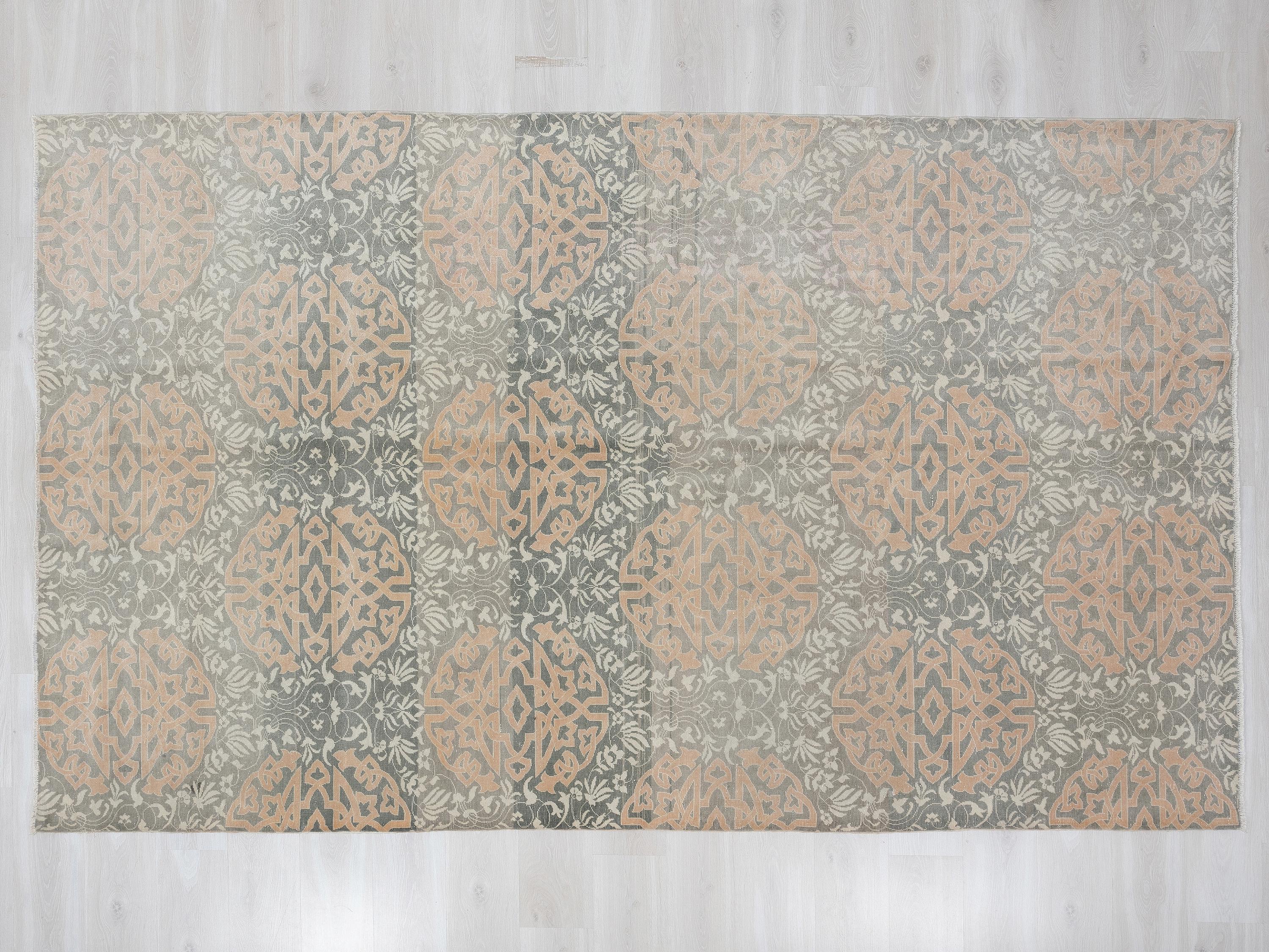 Mid-Century Oushak Rug: 6.4x10.3 ft. Faded Orange,Muted Gray Turkish Wool Rugs.