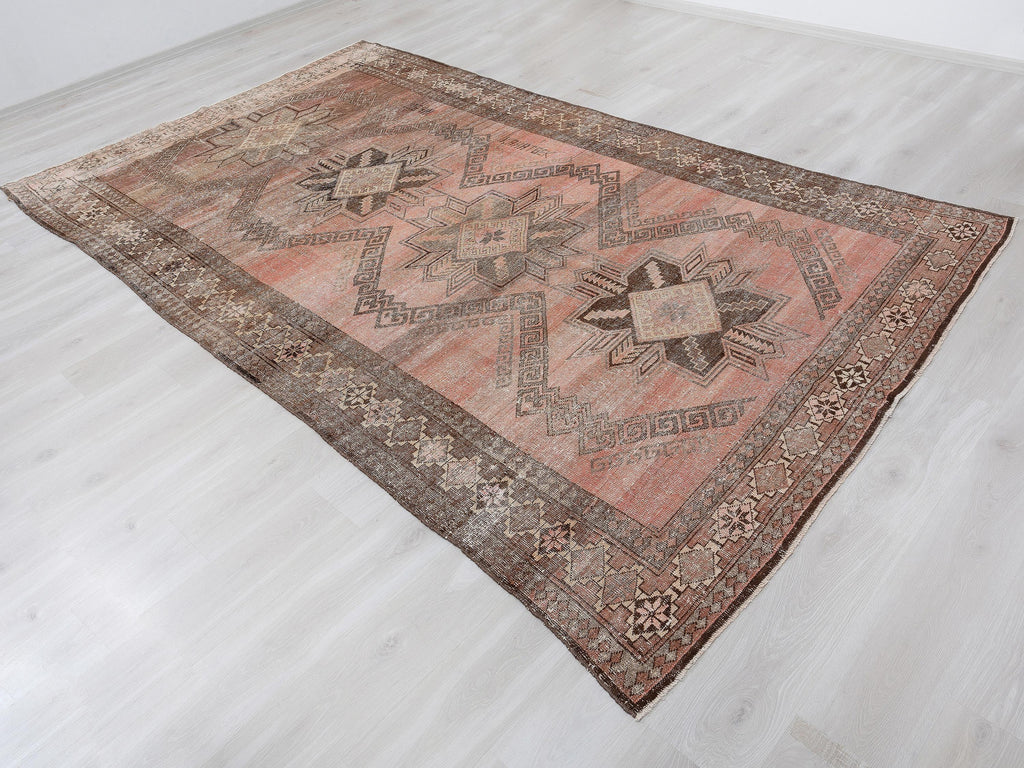 Antique Turkish Wool Rug: 6,3x10,7 Feet,Brown, Pinkish Red Color Carpet,Large Area Rugs.