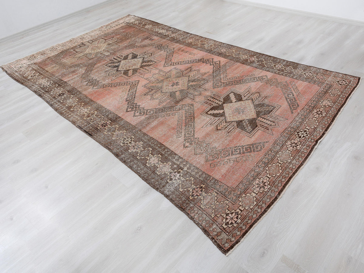 Antique Turkish Wool Rug: 6,3x10,7 Feet,Brown, Pinkish Red Color Carpet,Large Area Rugs.