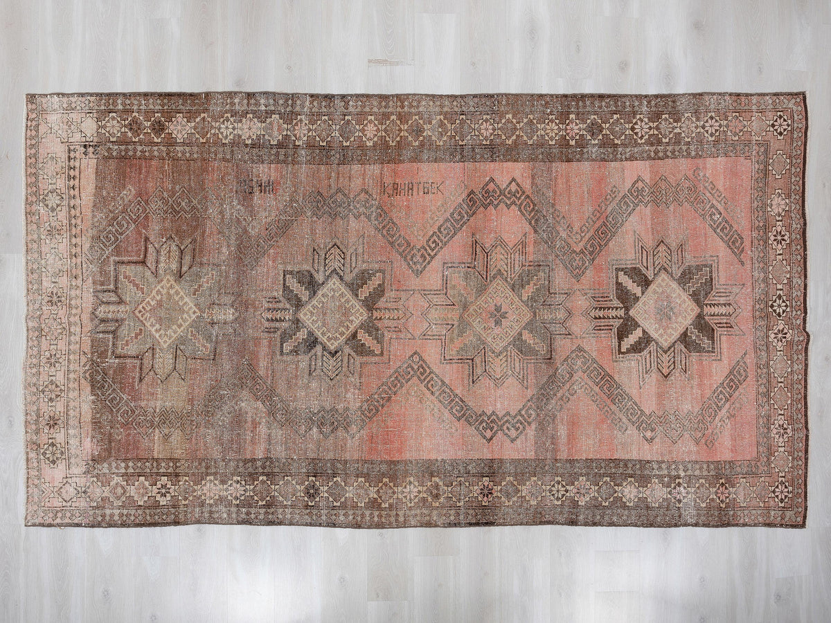 Antique Turkish Wool Rug: 6,3x10,7 Feet,Brown, Pinkish Red Color Carpet,Large Area Rugs.
