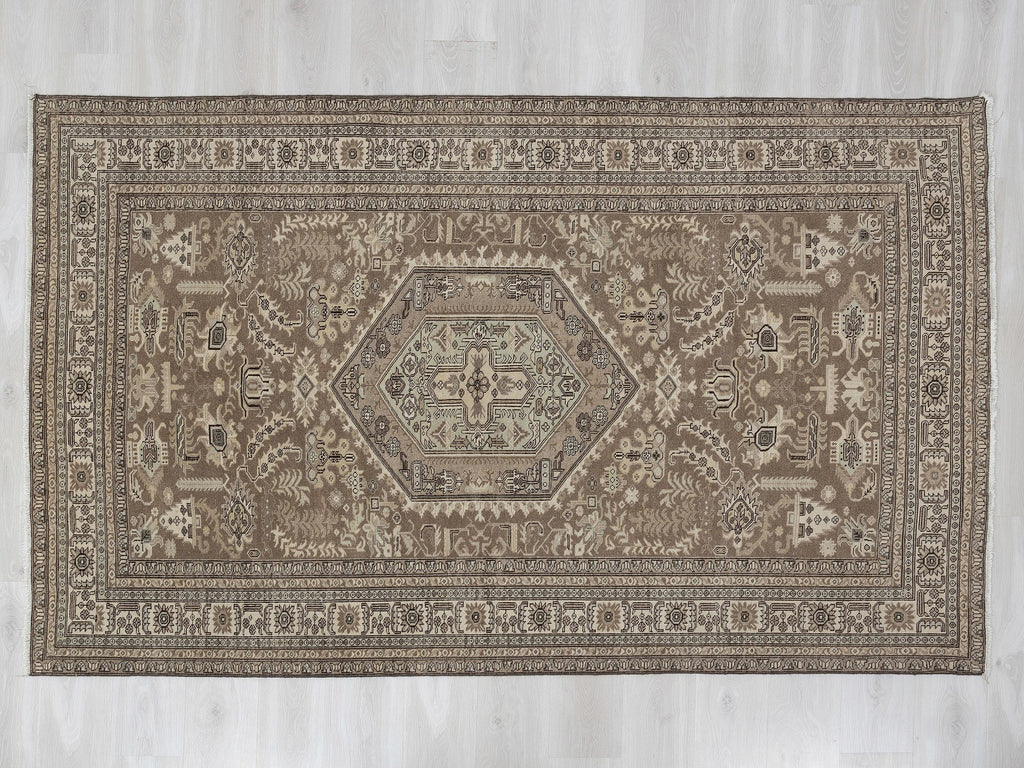 Brown Beige Handmade Wool Rug: 5.3x8.1 Feet,Vintage Turkish Carpet Rugs.
