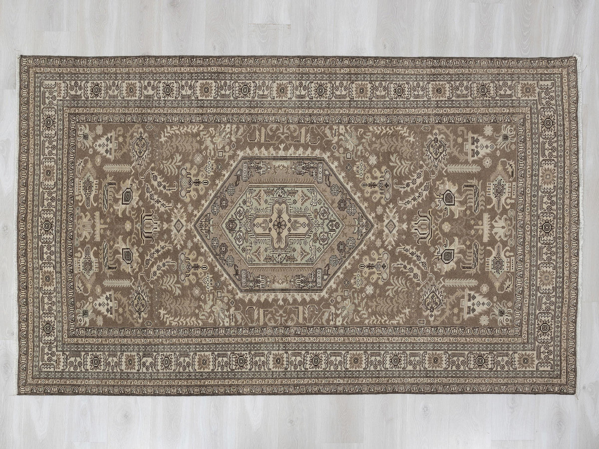 Brown Beige Handmade Wool Rug: 5.3x8.1 Feet,Vintage Turkish Carpet Rugs.
