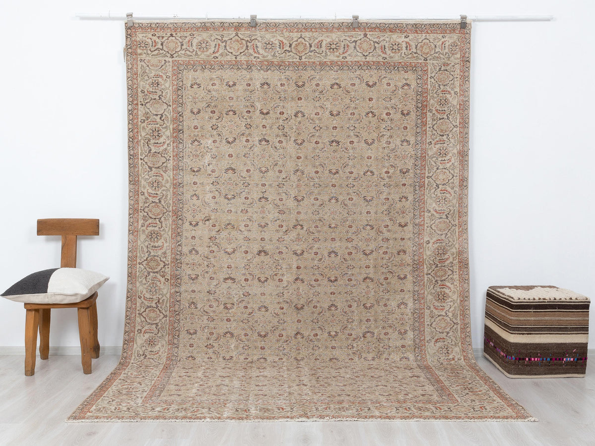 Turkish Vintage Wool Rug: 7.2x10.5 Feet, Antique Area Carpet,Handmade Oushak Rugs.