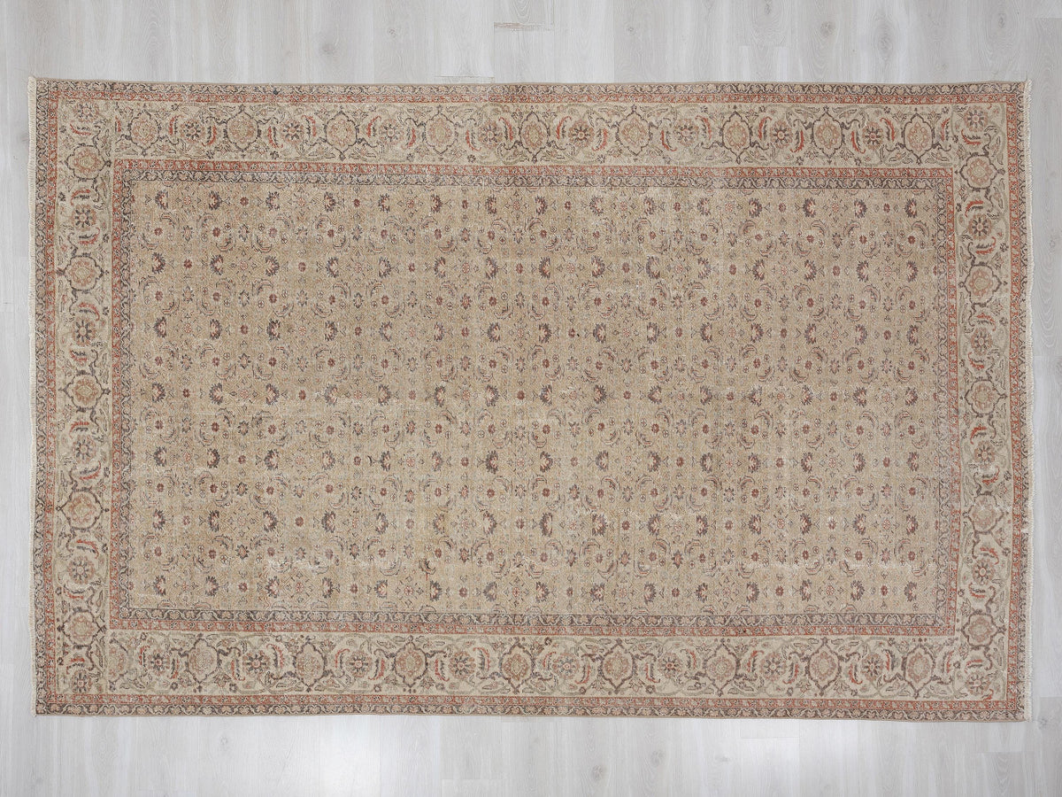 Turkish Vintage Wool Rug: 7.2x10.5 Feet, Antique Area Carpet,Handmade Oushak Rugs.