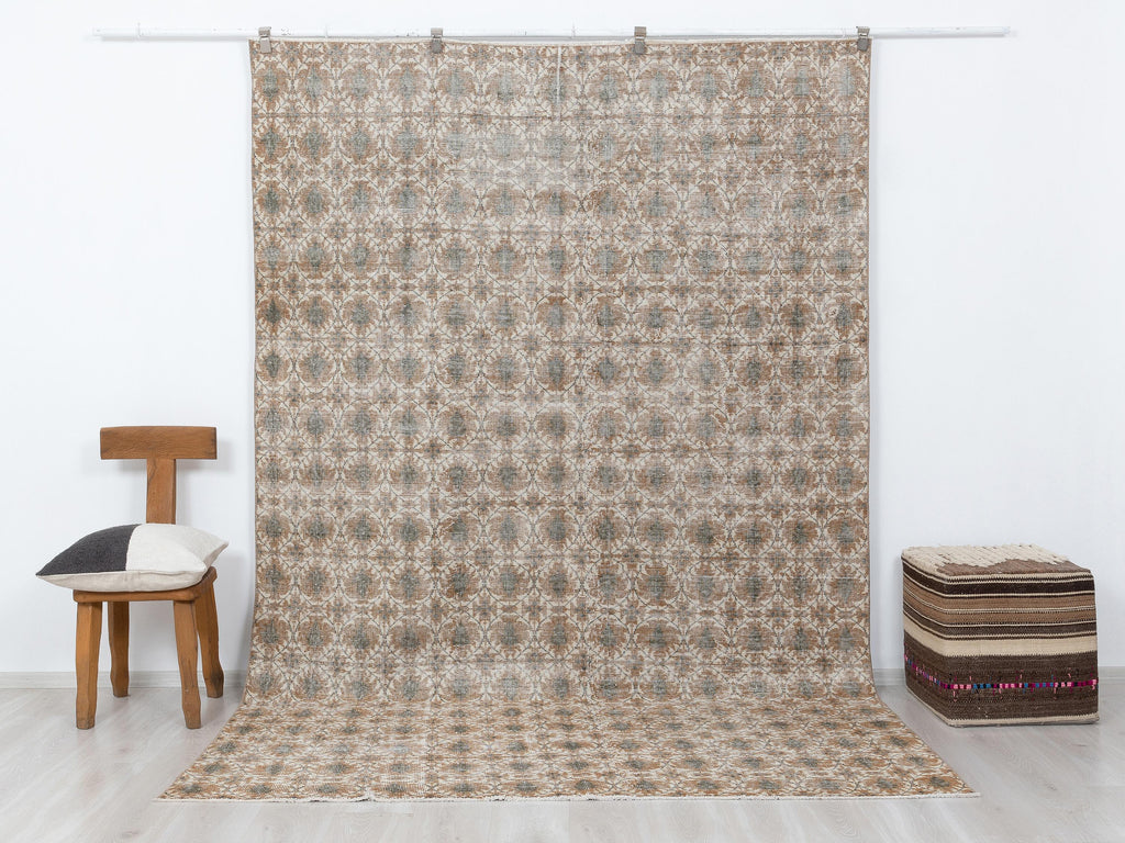 Turkish Vintage Wool Rug: 6.9x10.2 Feet, Art Deco Carpet,Handmade Oushak Rugs.
