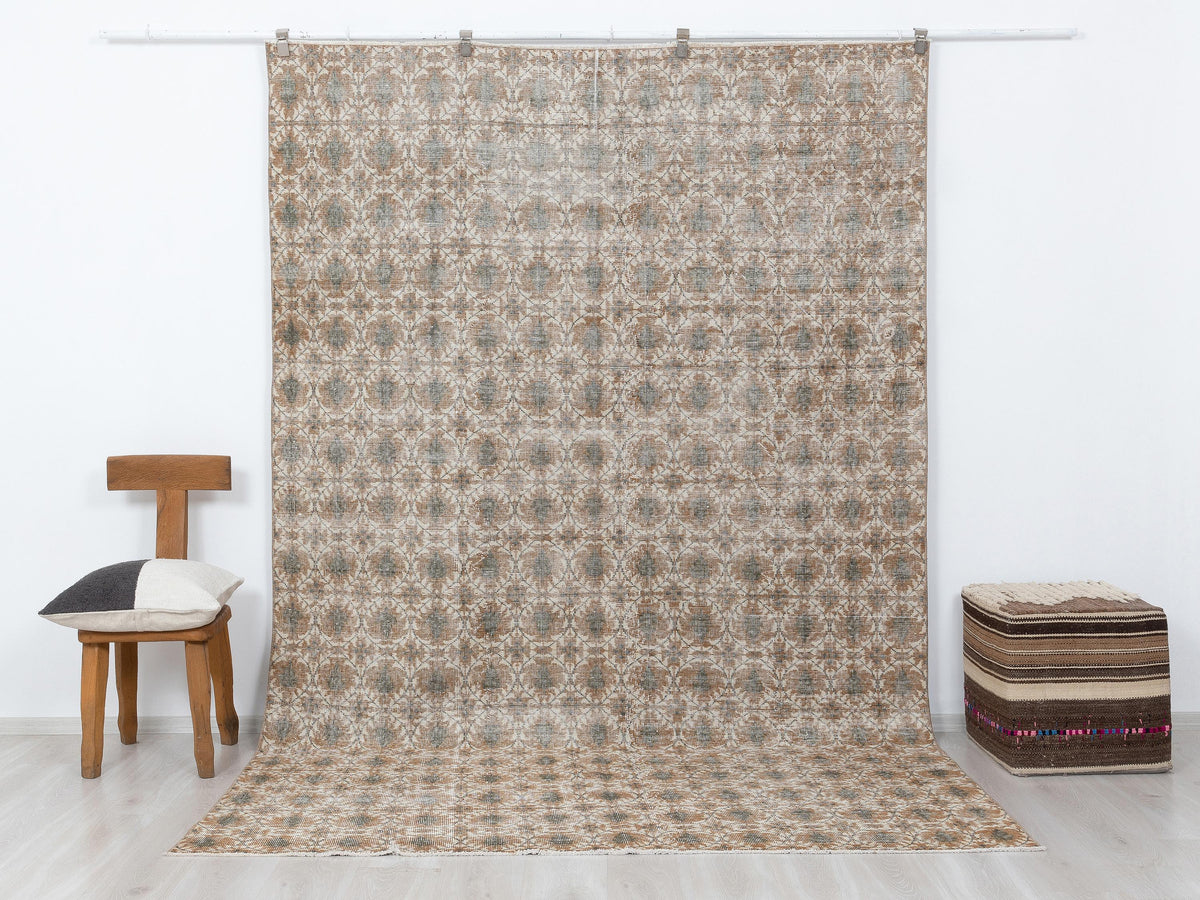 Turkish Vintage Wool Rug: 6.9x10.2 Feet, Art Deco Carpet,Handmade Oushak Rugs.