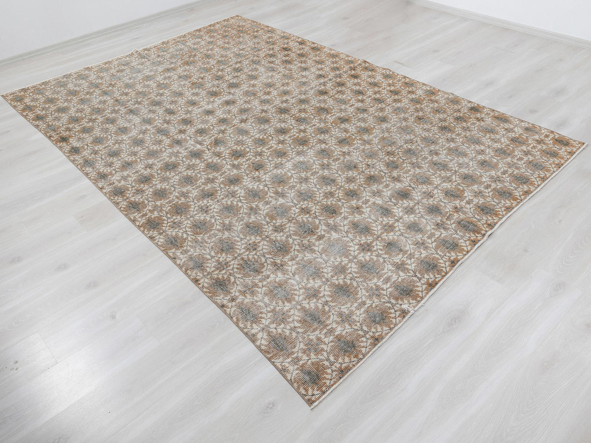 Turkish Vintage Wool Rug: 6.9x10.2 Feet, Art Deco Carpet,Handmade Oushak Rugs.
