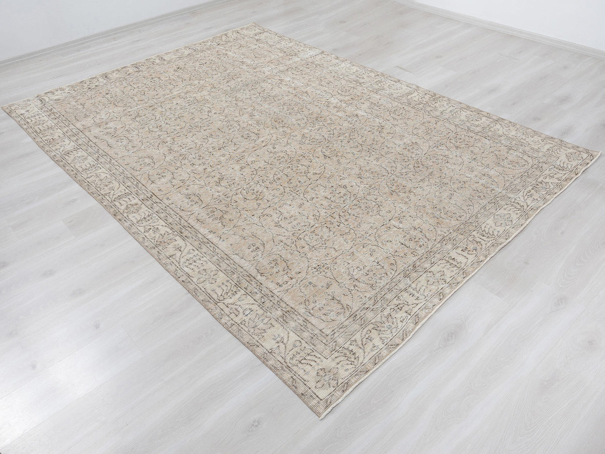 Vintage Turkish Oushak Wool Rug: 6.7x9.7 Feet,Neutral Handmade Carpet,Mid Century Modern.
