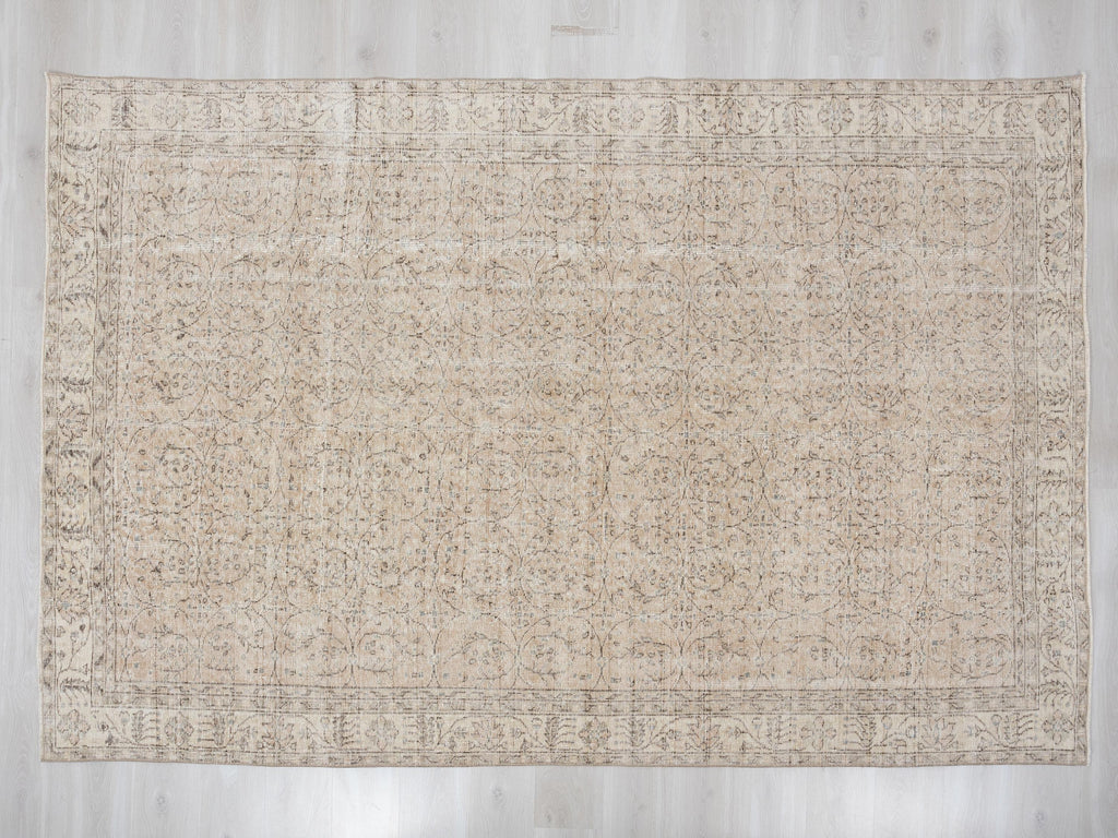 Vintage Turkish Oushak Wool Rug: 6.7x9.7 Feet,Neutral Handmade Carpet,Mid Century Modern.
