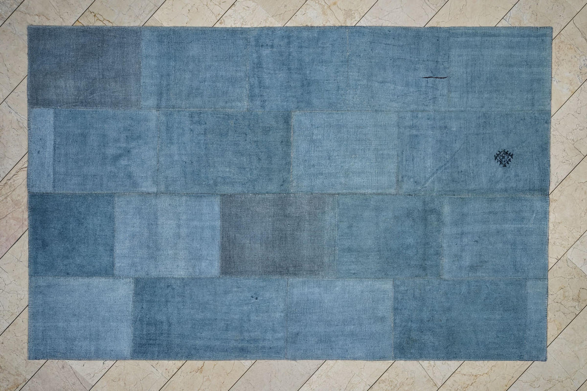 Overdye Light Blue- Turkish Patchwork Hemp Kilim Rug: 6.5x10 Feet.