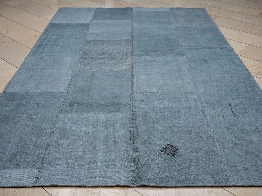 Overdye Light Blue- Turkish Patchwork Hemp Kilim Rug: 6.5x10 Feet.