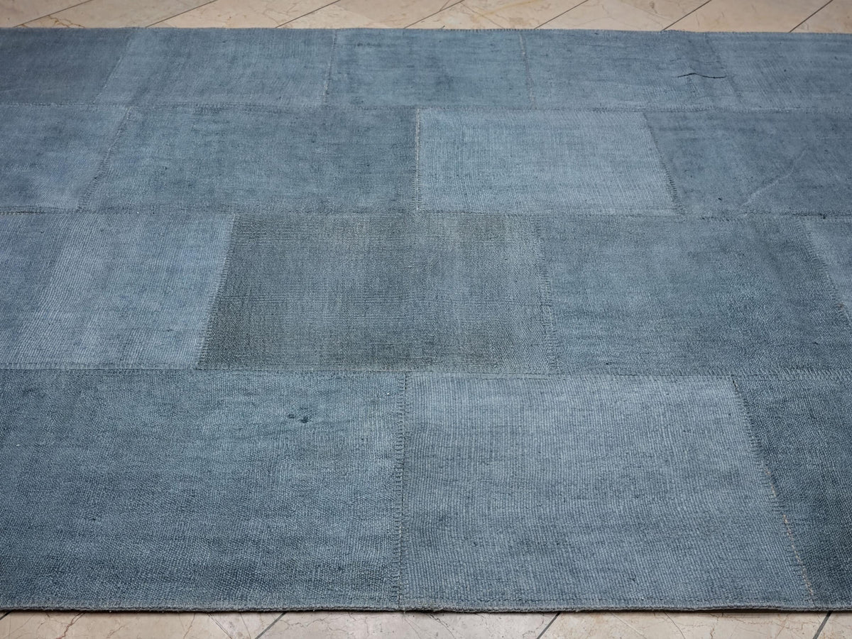 Overdye Light Blue- Turkish Patchwork Hemp Kilim Rug: 6.5x10 Feet.