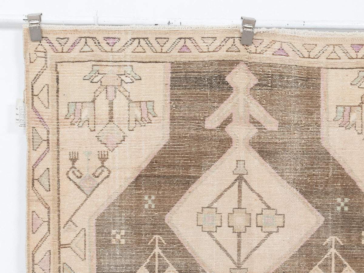 Handwoven Wool Rug: 4.1x10.2 Feet,Beige Brown Turkish Vintage Oushak Rugs,Summer Decor Carpet.
