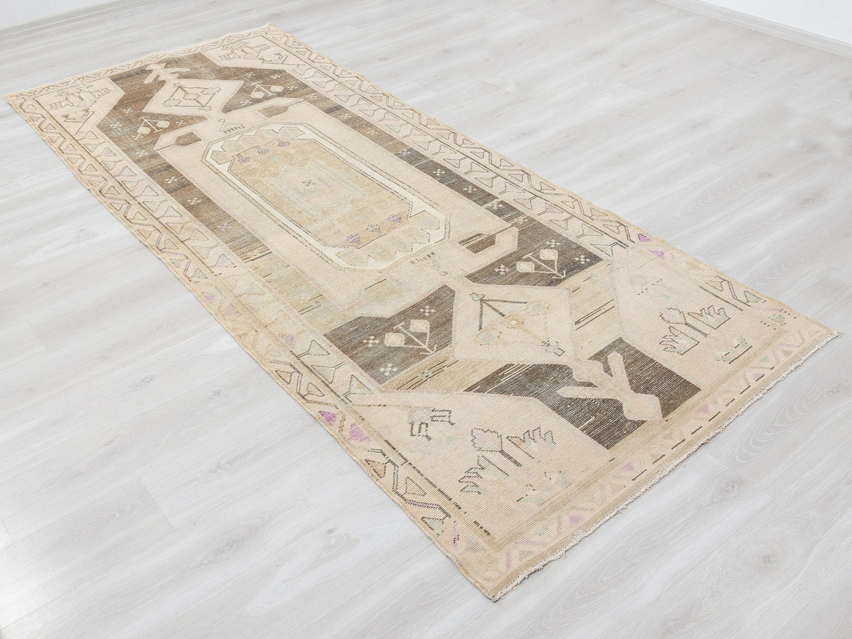 Handwoven Wool Rug: 4.1x10.2 Feet,Beige Brown Turkish Vintage Oushak Rugs,Summer Decor Carpet.