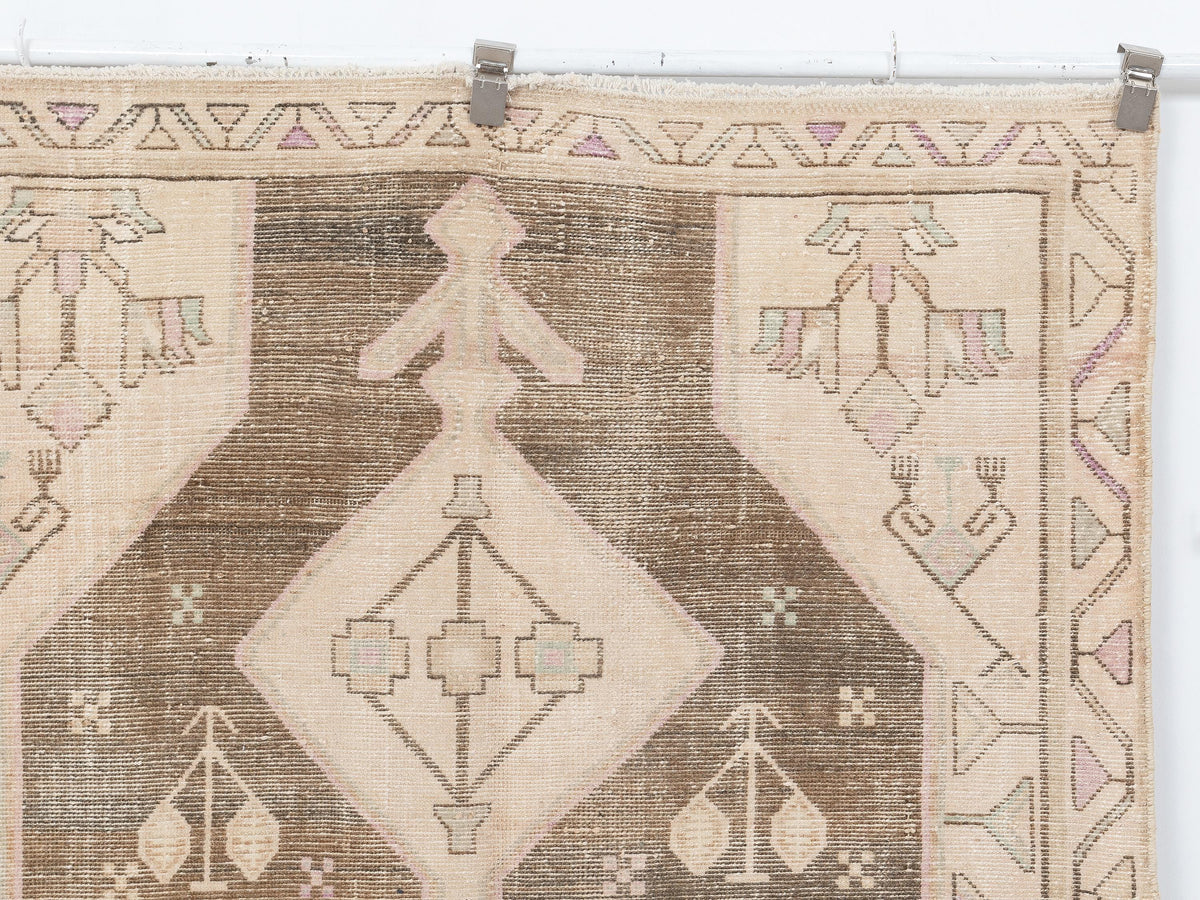 Handwoven Wool Rug: 4.1x10.2 Feet,Beige Brown Turkish Vintage Oushak Rugs,Summer Decor Carpet.