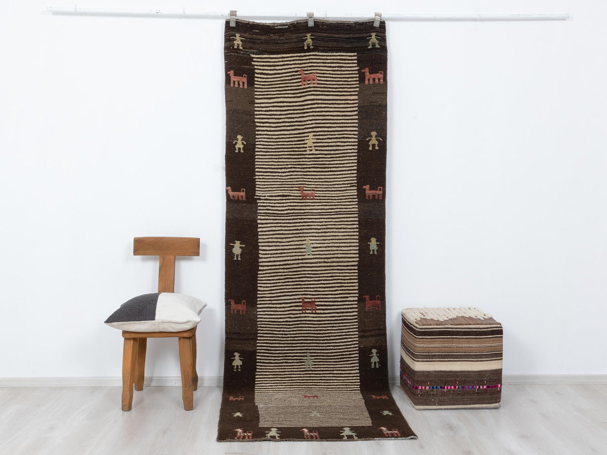 Vintage Turkish Wool Rug Runner: 3.1x9.4 Feet,Brown Beige Tribal Pattern Rugs,Hallways Decor.