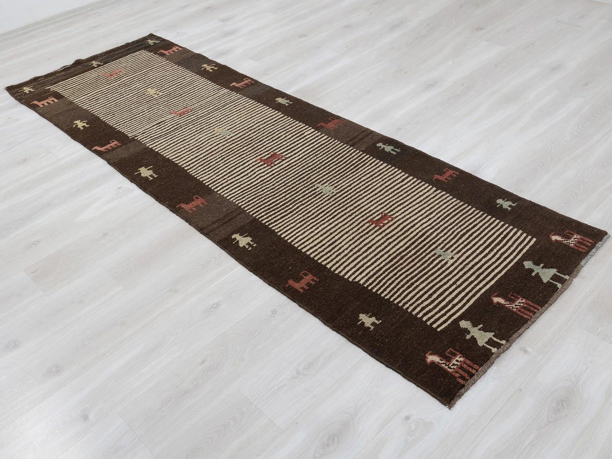 Vintage Turkish Wool Rug Runner: 3.1x9.4 Feet,Brown Beige Tribal Pattern Rugs,Hallways Decor.