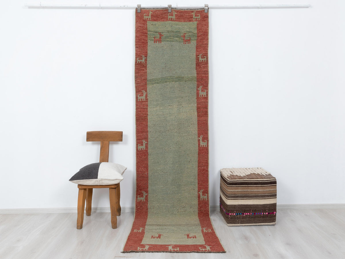 Green Vintage Turkish Wool Rug Runner: 2.6x9.7 Feet,Narrow Carpet Home Hallways Decor.