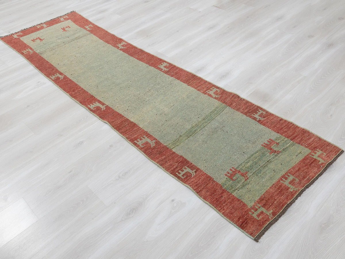 Green Vintage Turkish Wool Rug Runner: 2.6x9.7 Feet,Narrow Carpet Home Hallways Decor.