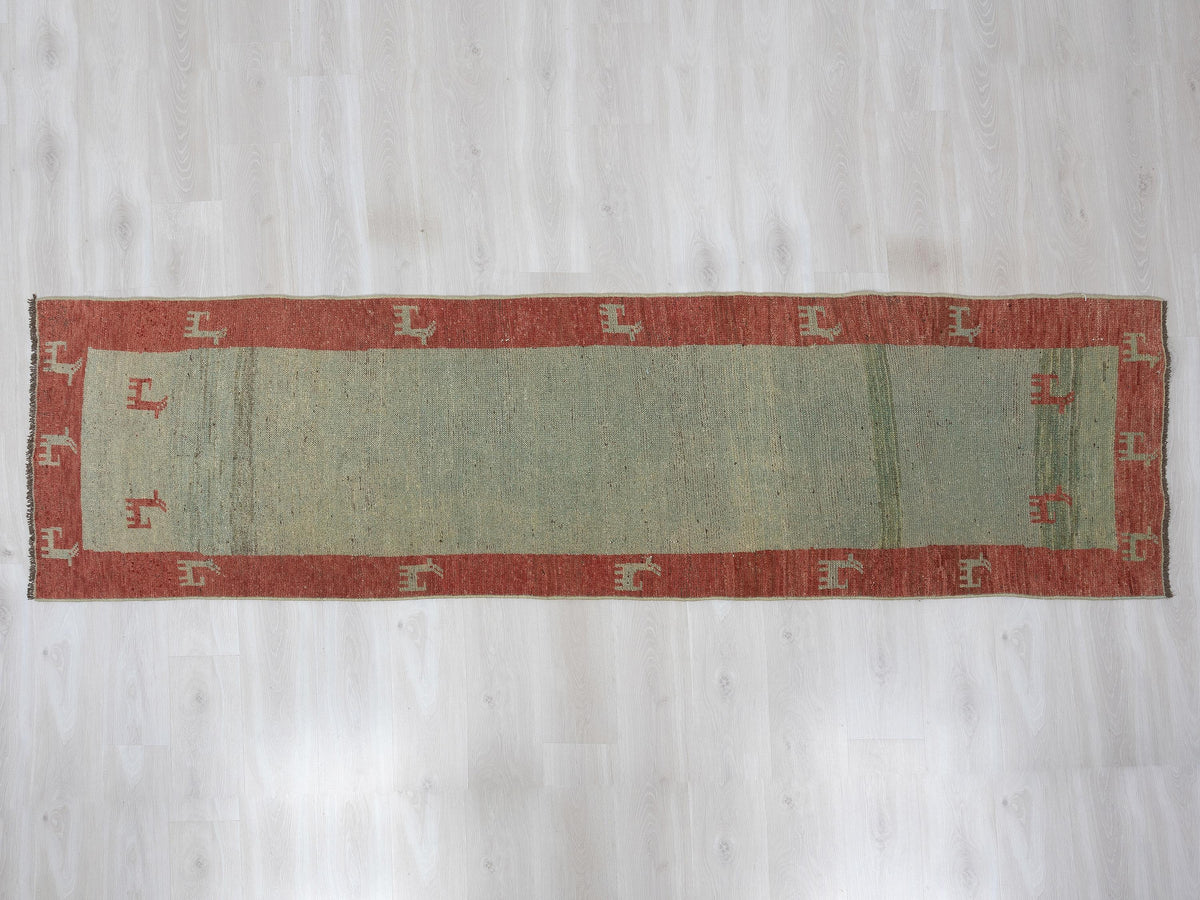 Green Vintage Turkish Wool Rug Runner: 2.6x9.7 Feet,Narrow Carpet Home Hallways Decor.