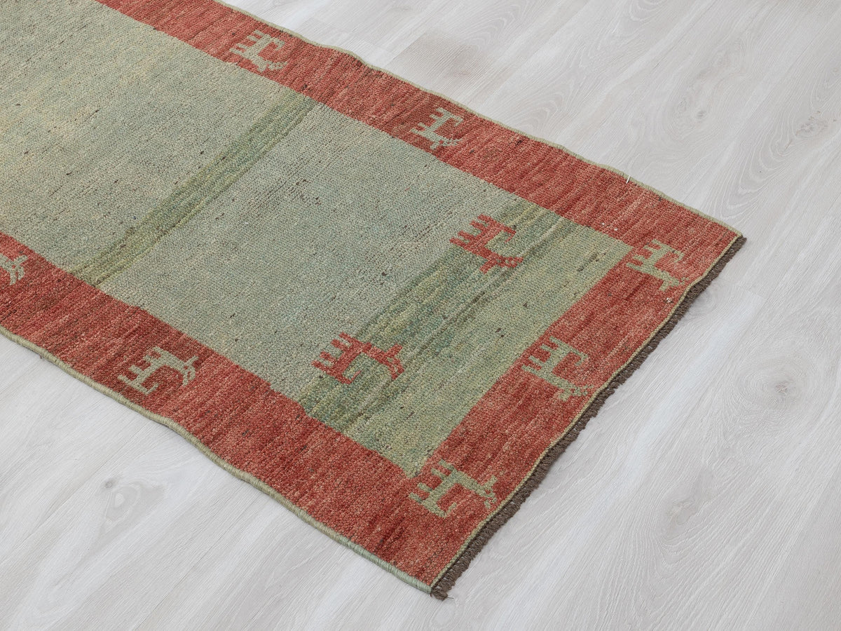 Green Vintage Turkish Wool Rug Runner: 2.6x9.7 Feet,Narrow Carpet Home Hallways Decor.
