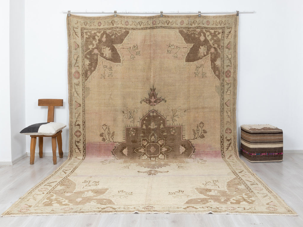 Handmade Wool Rug: 8.4x13 Feet,Oversize Turkish Kars Area Carpet,Brown Pink Vintage Rugs.