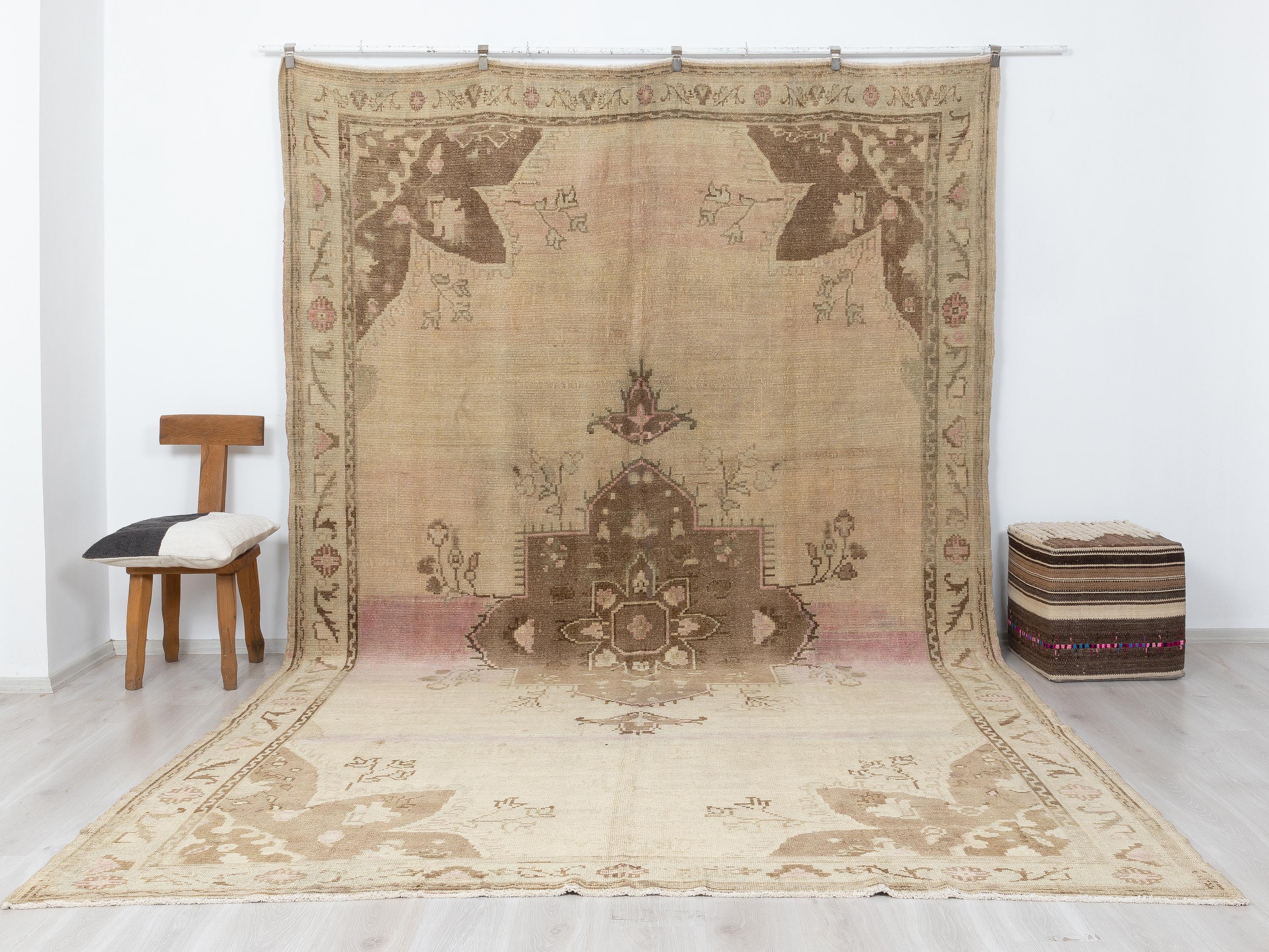 Handmade Wool Rug: 8.4x13 Feet,Oversize Turkish Kars Area Carpet,Brown Pink Vintage Rugs.
