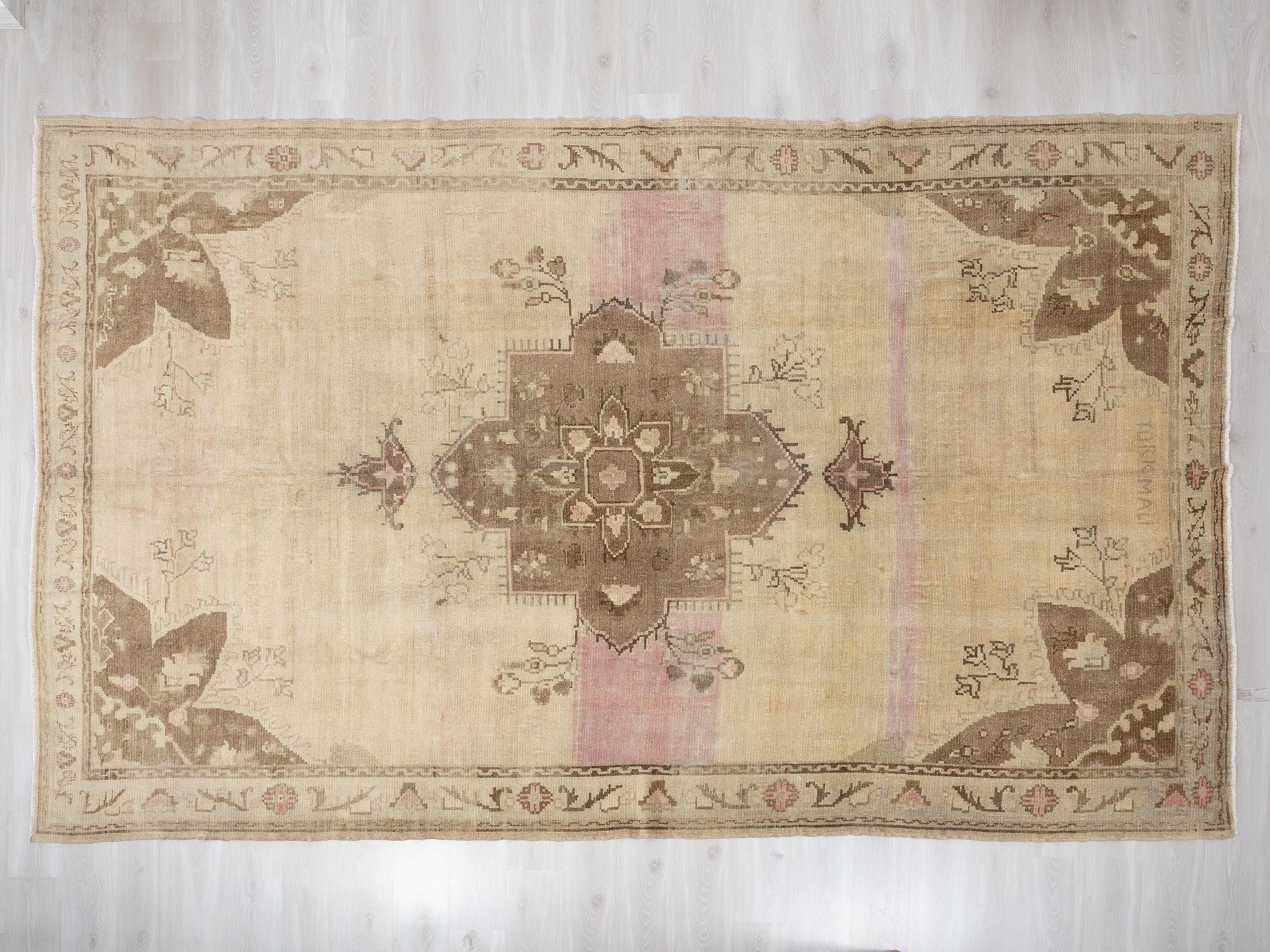 Handmade Wool Rug: 8.4x13 Feet,Oversize Turkish Kars Area Carpet,Brown Pink Vintage Rugs.