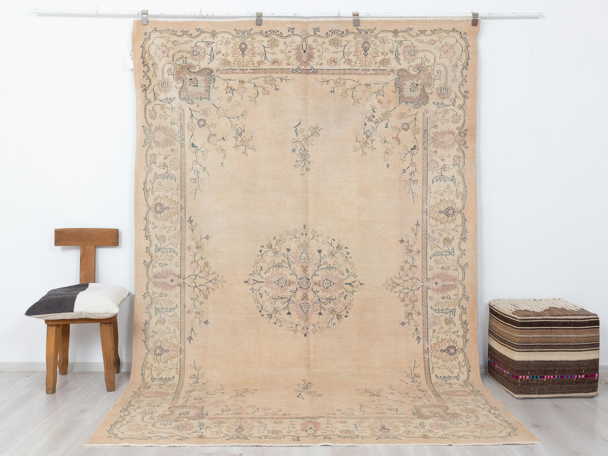 1960s Vintage Handmade Wool Rug: Unique Pastel Color Turkish Oushak Carpet Rugs | 6,7x10 Feet,