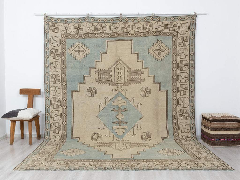 9x11 Oversize Handmade Wool Rug: Blue Beige Turkish Carpet, Farmhouse Decor Kars Area Rugs.