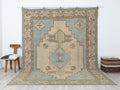 9x11 Oversize Handmade Wool Rug: Blue Beige Turkish Carpet, Farmhouse Decor Kars Area Rugs.